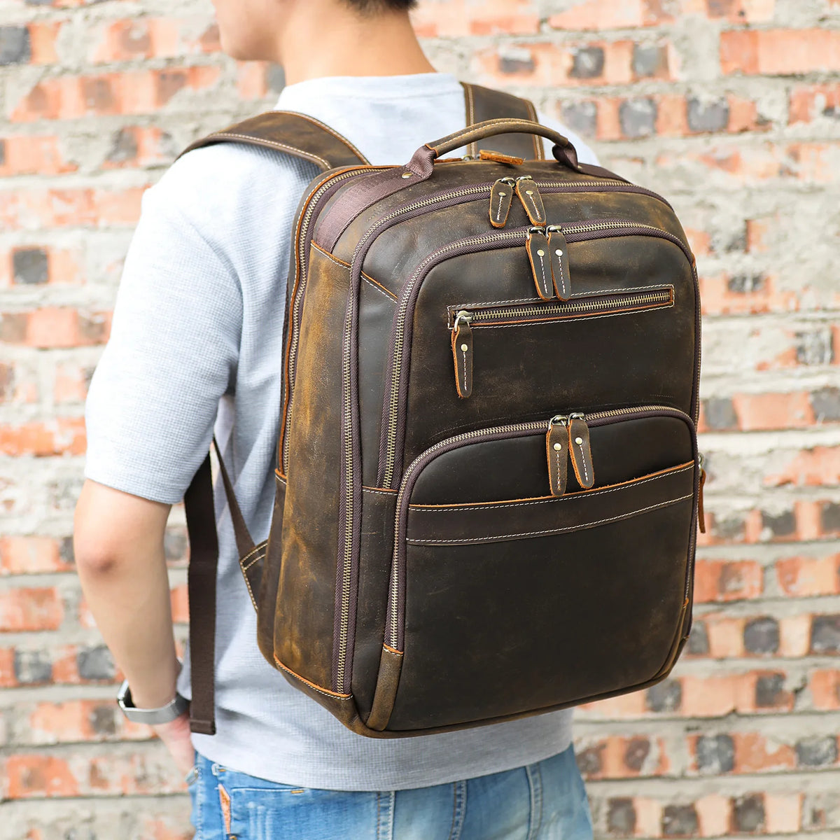 Frenzy Horsehide Men's Double-Shoulder Backpack, Cowhide Outdoor Travel Backpack, Men's Genuine Leather Double-Shoulder Bag