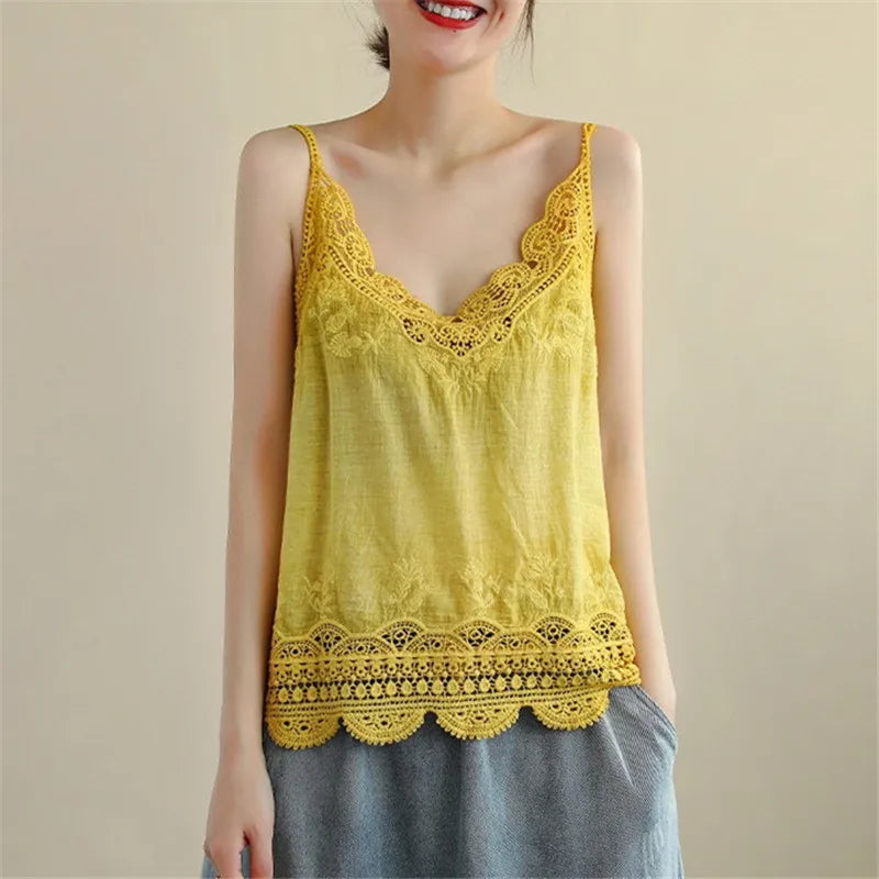 Women V Neck Camisole Loose Fit Hollowed Flower Embroidered Spaghetti Strap Cotton Linen Tops Casual Summer Streetwear