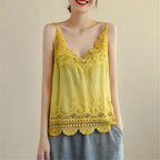 Women V Neck Camisole Loose Fit Hollowed Flower Embroidered Spaghetti Strap Cotton Linen Tops Casual Summer Streetwear
