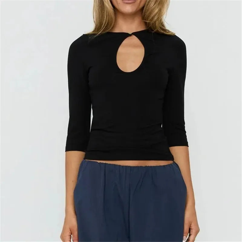 VacationGrabs Women Keyhole Cutout Neck 3/4 Sleeve Crop Top Slim Fitted Solid Crew Neck Button Detail T Shirt Y2K Casual Streetwear