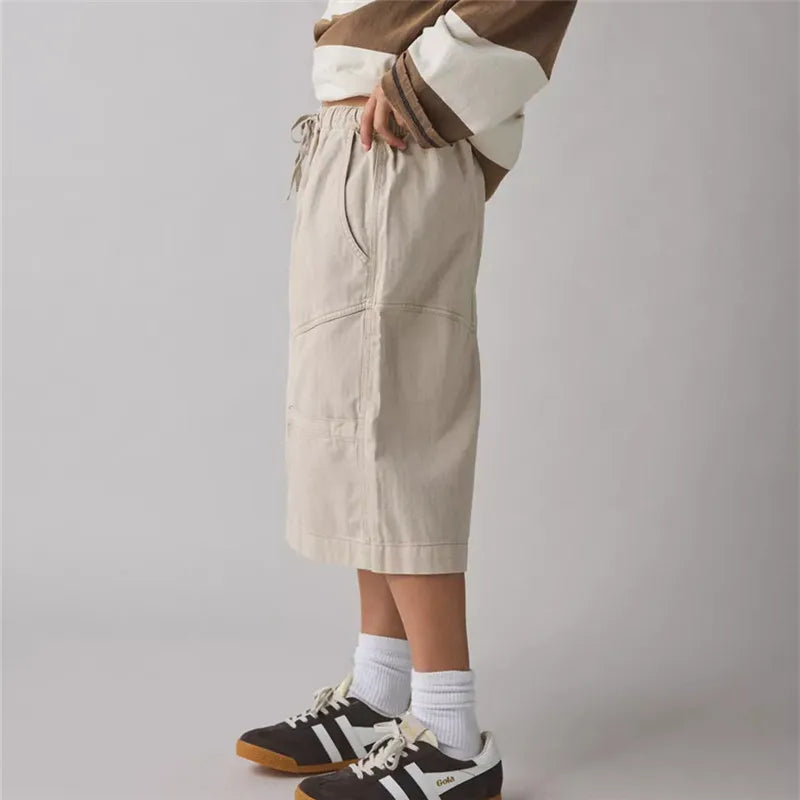 VacationGrabs Cargo Bermuda Shorts Women Drawstring Elastic Waist Multi Pocket Loose Wide Leg Jort Y2K Street Casual Capri Bottoms