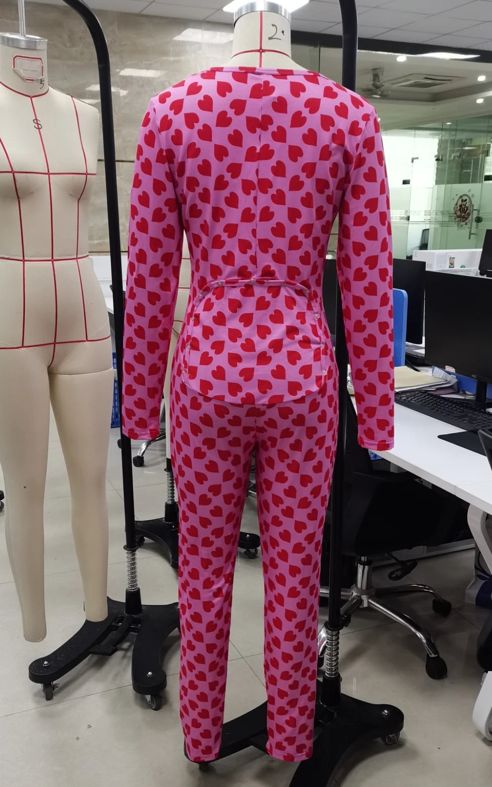 VacationGrabs Women Valentines Sexy Heart Print Long Sleeve Slim Fit Romper Pajamas Holiday Bodycon Button Up Jumpsuit Cute Pjs