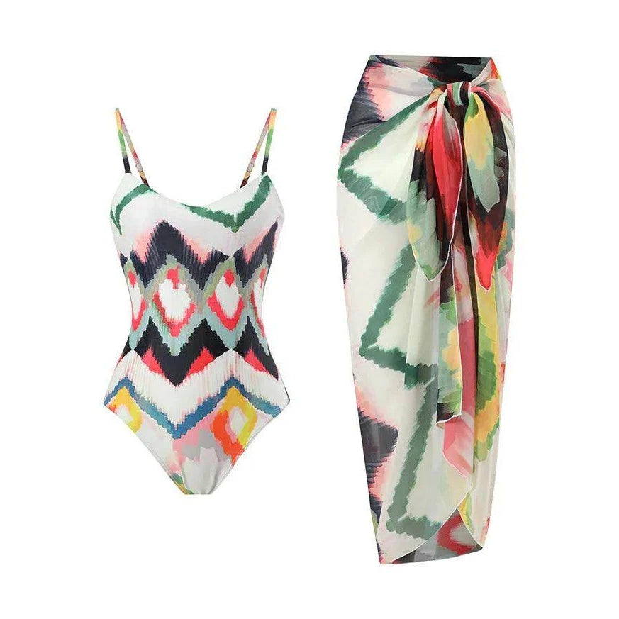 Retro One Piece Swimsuit Skirt Swimwear - VacationGrabs