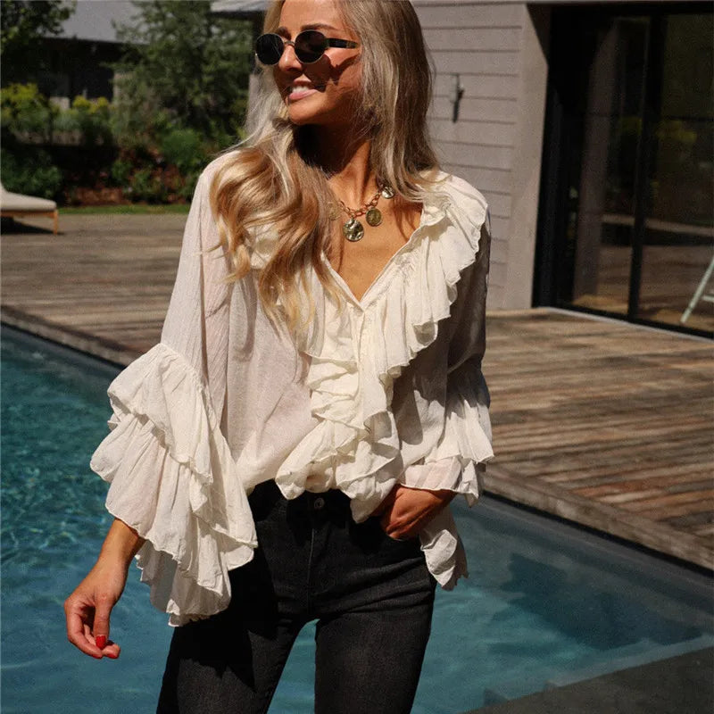 VacationGrabs Elegant Women Ruffle Sheer Blouse Casual Loose V Neck Long Sleeve Shirts for Spring Summer Vintage Streetwear