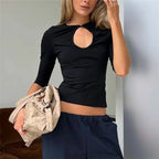 VacationGrabs Women Keyhole Cutout Neck 3/4 Sleeve Crop Top Slim Fitted Solid Crew Neck Button Detail T Shirt Y2K Casual Streetwear
