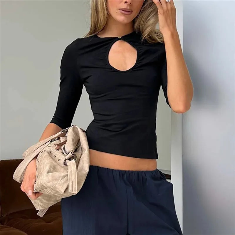 VacationGrabs Women Keyhole Cutout Neck 3/4 Sleeve Crop Top Slim Fitted Solid Crew Neck Button Detail T Shirt Y2K Casual Streetwear