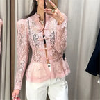 VacationGrabs Vintage Sheer Floral Lace Shirt Women Stand Collar Chinese Knot Buttons Puff Sleeve Peplum Slim Fit Casual Street Blouse