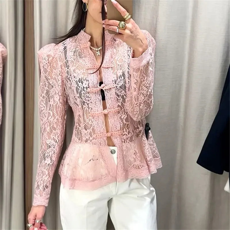 VacationGrabs Vintage Sheer Floral Lace Shirt Women Stand Collar Chinese Knot Buttons Puff Sleeve Peplum Slim Fit Casual Street Blouse