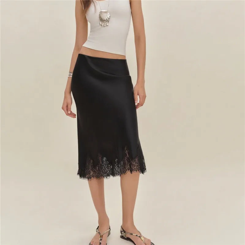 VacationGrabs Women Silk Satin Half Slip Long Skirts Lace Patchwork Elastic Waist Long Skirt Elegant Silky Flowy A Line Midi Skirts