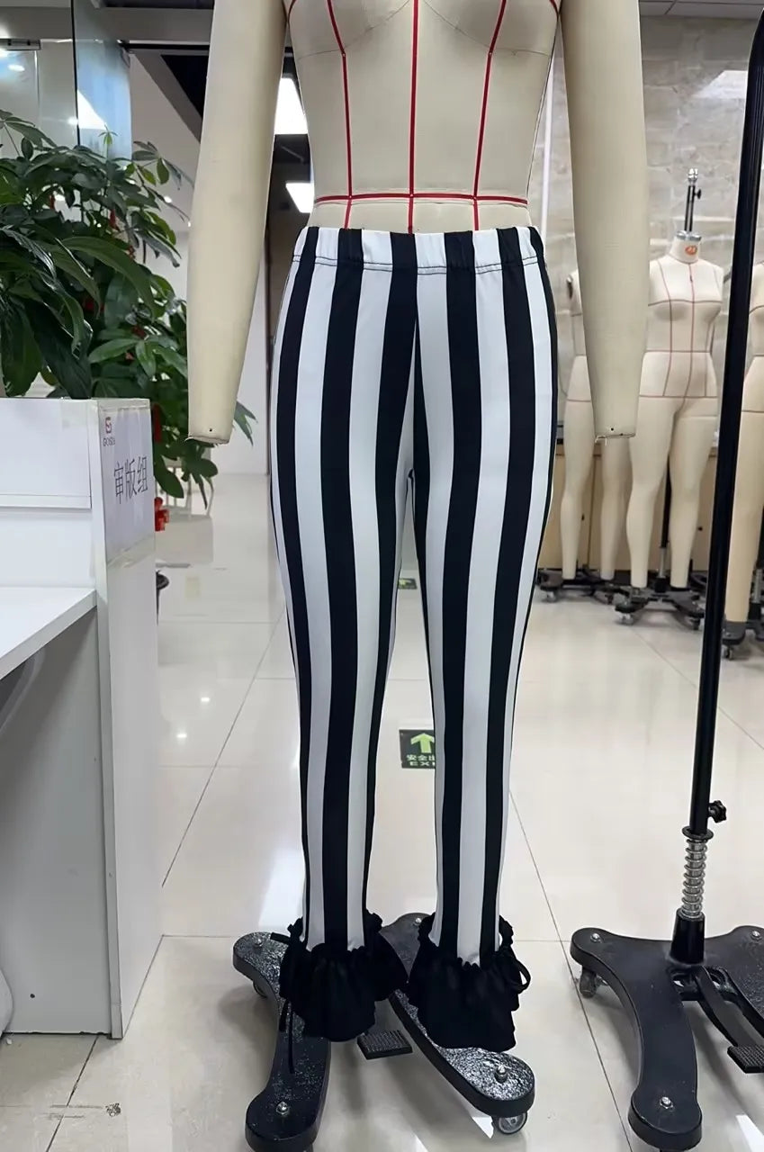 Women's Striped Flare Pants Ruffle Drawstring High Waist