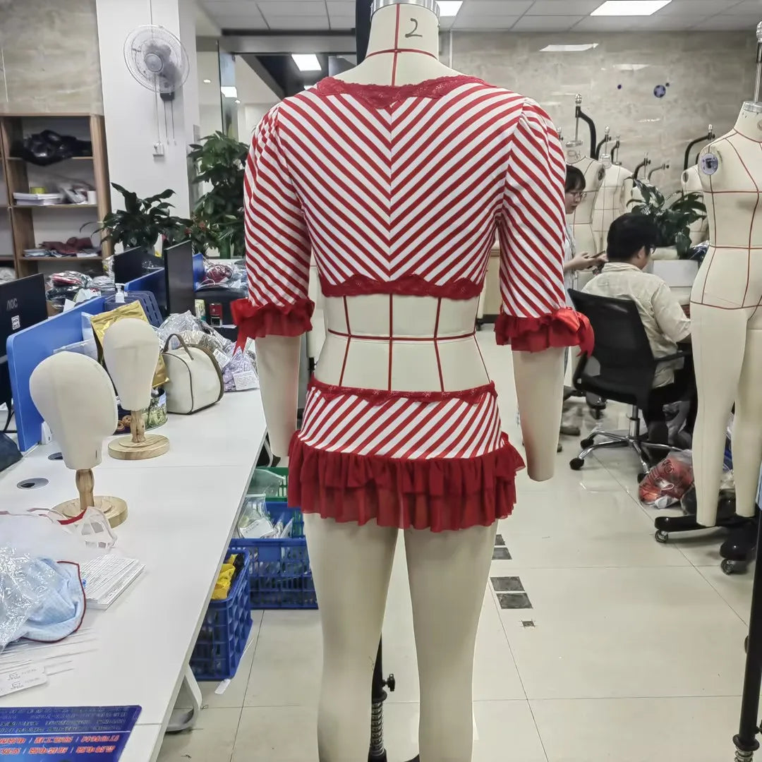 VacationGrabs Women's Striped Candy Girl Christmas Cosplay Costume 3 4 Sleeve Lace Bow Crop Top Ruffle Mini Skirt Party Fancy Dress