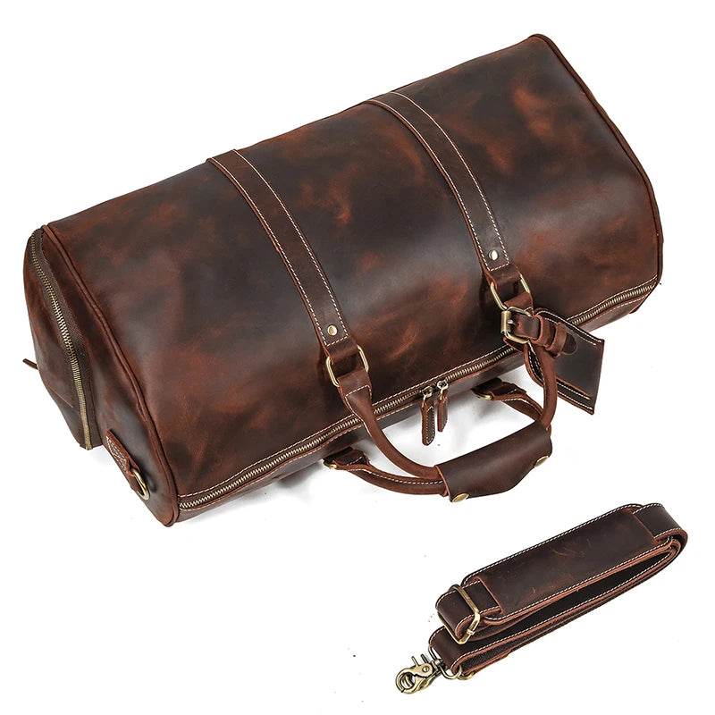 Vintage Leather Travel Duffle Bag With Shoe Pocket Weekend Bag - VacationGrabs