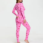 VacationGrabs Women Bodycon Jumpsuits Heart Print V-Neck Long Sleeve Rompers Fall Winter Casual Playsuits Valentine's Day Clothes
