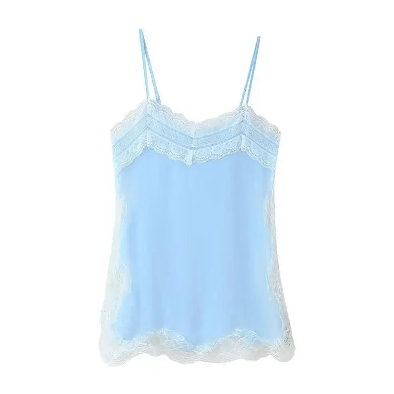VacationGrabs Women Lace Trim Satin High Low Tops Silk Spaghetti Strap Side Split Asymmetrical Cami Top Flowy Silky Layering Tops
