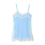 VacationGrabs Women Lace Trim Satin High Low Tops Silk Spaghetti Strap Side Split Asymmetrical Cami Top Flowy Silky Layering Tops