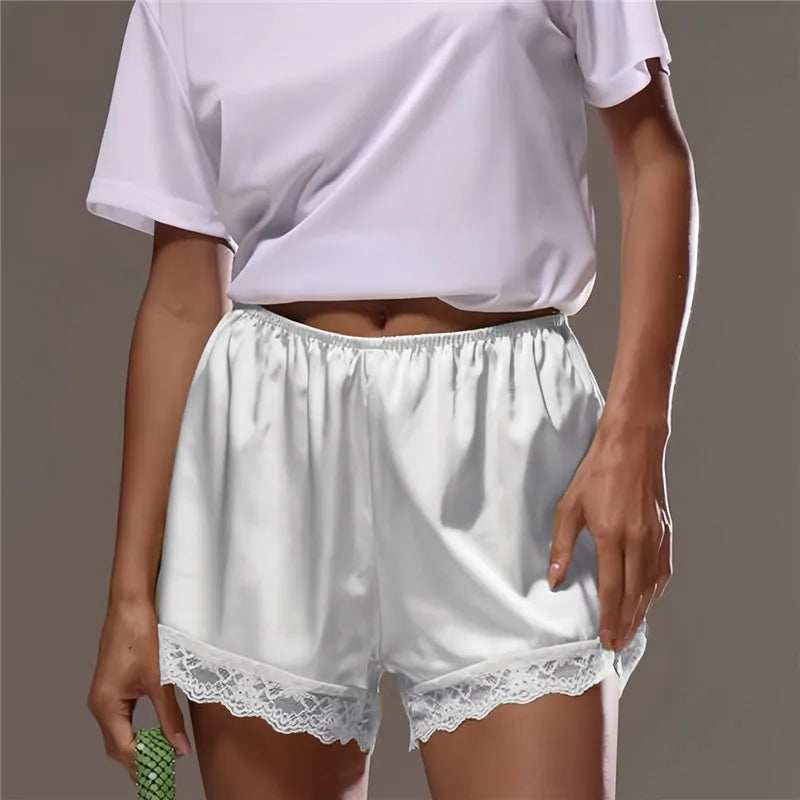 VacationGrabs Lace Trim Satin Shorts for Women Silky Elastic Waist Mini Shorts Casual Lounge French Knickers Slip Boxer Pj Bottoms