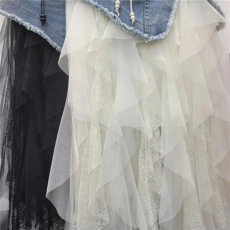 Women's Skirts Mesh A-line High Waist Long Irregular Denim Skirt