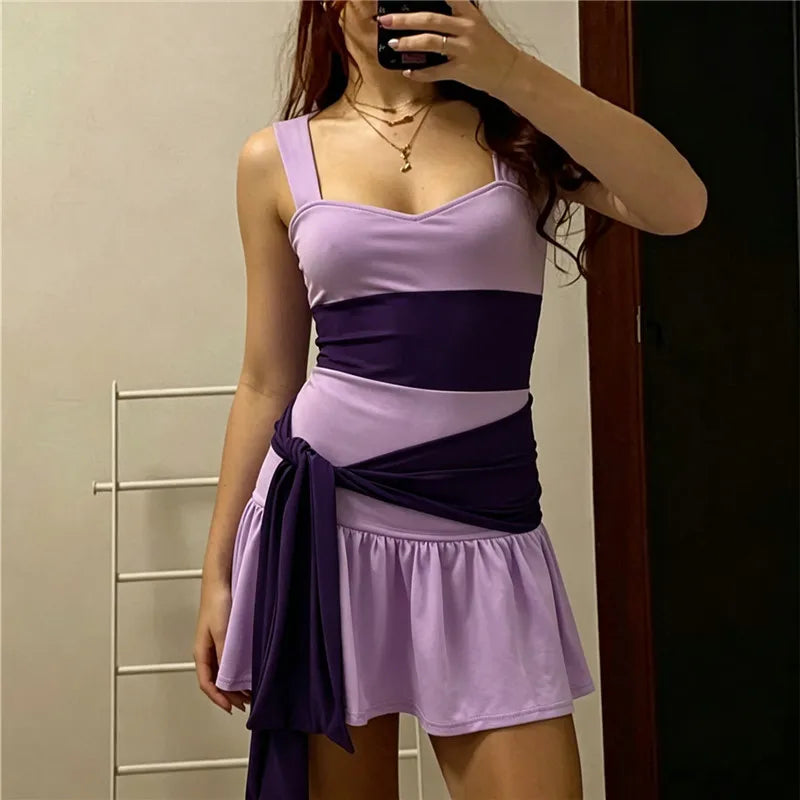 VacationGrabs Summer Color Block Mini Dress Women Wide Strap Sweetheart Neck Side Sash Tie Fake Two Piece Skort Dress Beach Vacation