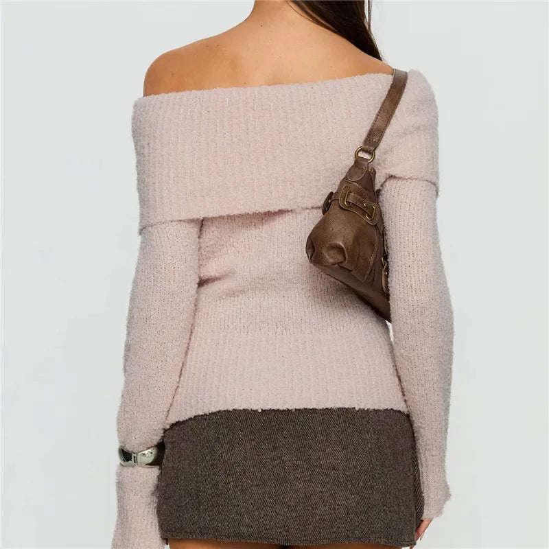 VacationGrabs Womens Off The Shoulder Sweater Y2K Oversized Long Sleeve Slouchy Knitted Loose Pullover Sweaters Tops Streetwear