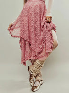 VacationGrabs Floral Lace Long Skirt for Women Y2K Elastic Waist Asymmetrical Layered Maxi Skirt Sexy See Through Flowy Beach Skirt