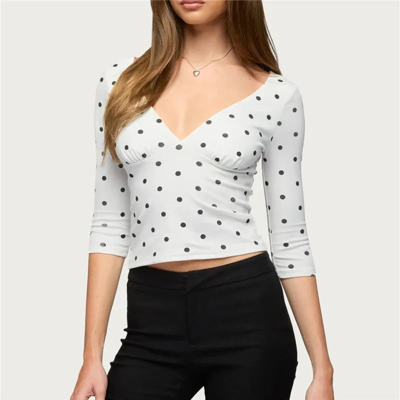 VacationGrabs Women Vintage Polka Dot Crop Top Deep V 3/4 Sleeve Wrap Bust Slim Fitted Short T Shirt Retro Casual Y2K Basic Blouse