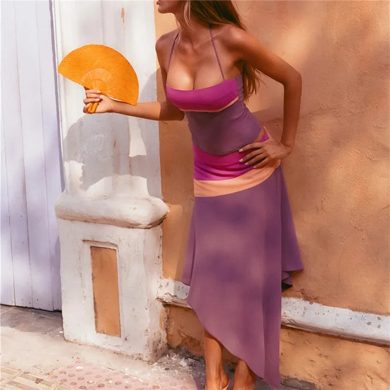 VacationGrabs Women Color Block Halter 2 Piece Set Lace‑Up Back Corset Top Asymmetrical Maxi Skirt Summer Party Beach Matching Outfit