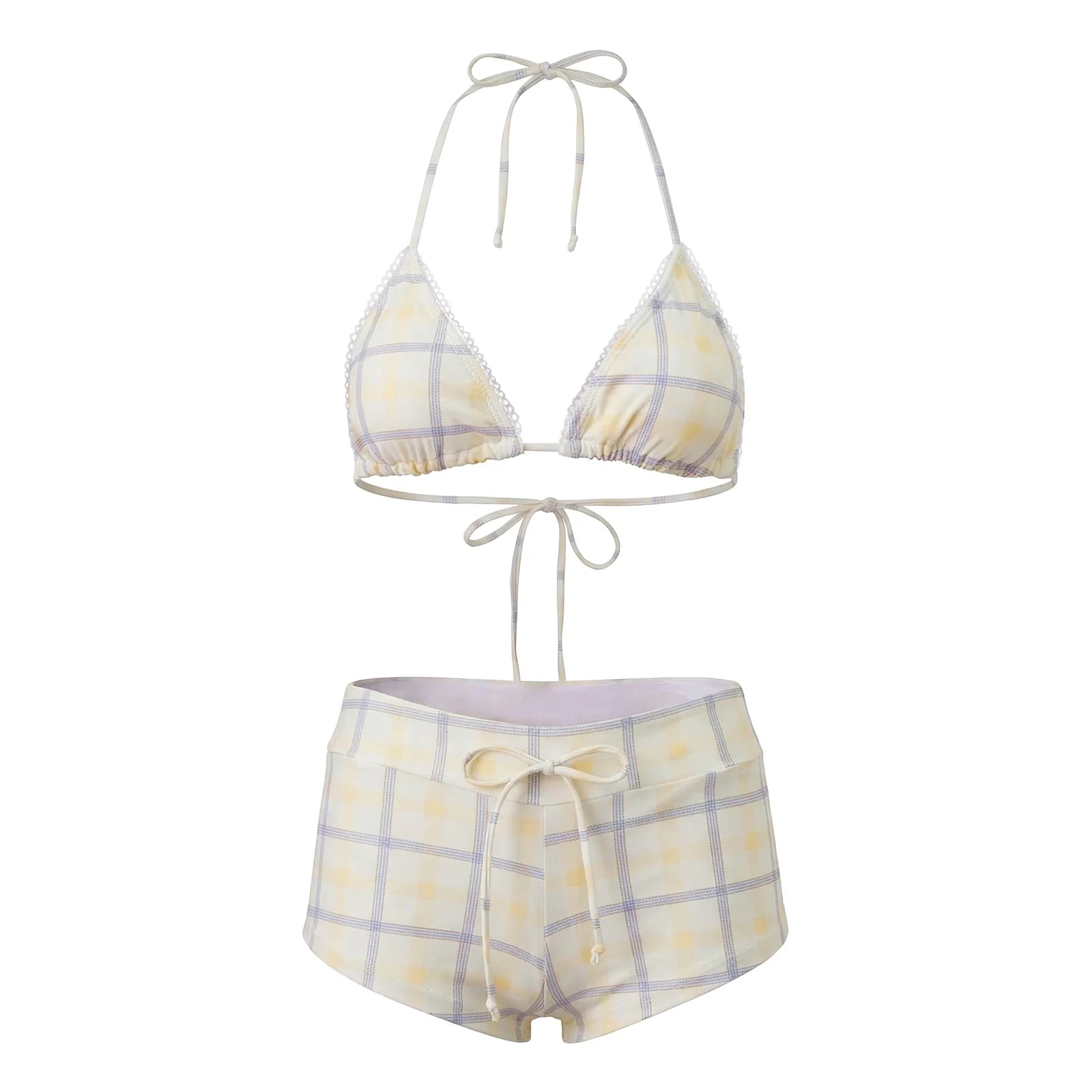 VacationGrabs Women's 2 Piece Bikini Set Fashion Plaid Print Sleeveless Halter Neck Triangle Tops and Low Waist Boyshorts Bathing Suit