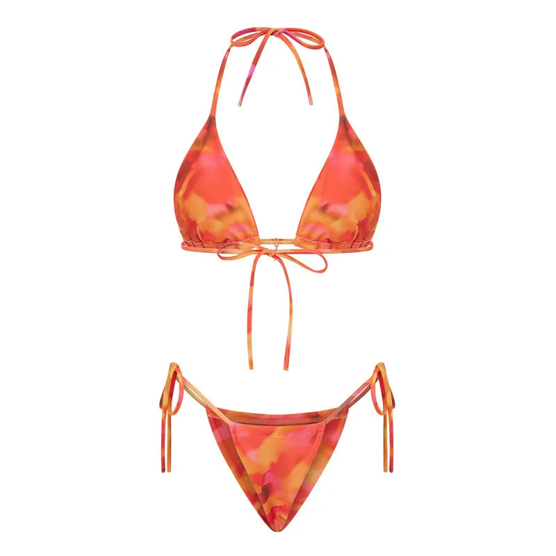 VacationGrabs Women 2 Pieces Bikini Swimsuit Spaghetti Strap Top Tie Side Triangle G-Thong Bathing Suit Beach Holiday Swimwear