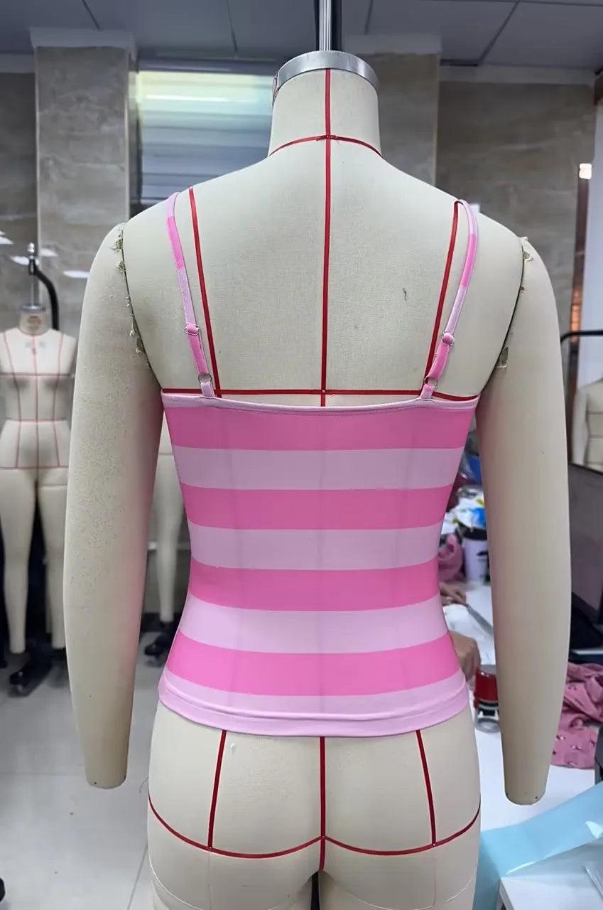 VacationGrabs Cute Stripe Camisole Top Summer Women Sweetheart Neck Spaghetti Strap Slim Low Back Crop Top Y2K Aesthetic Streetwear