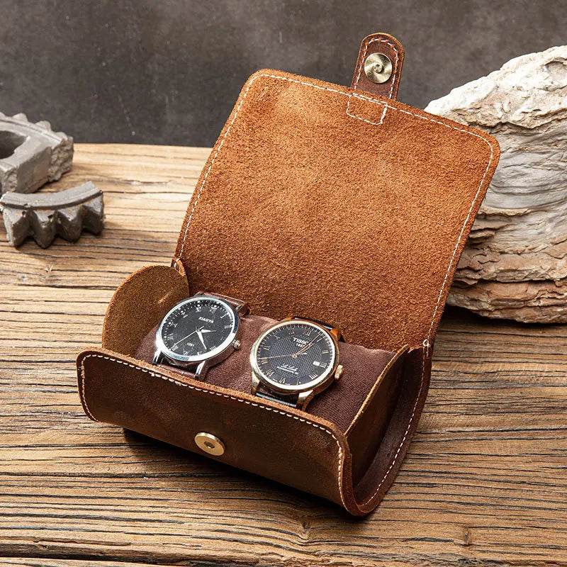 Leather Watch Case with Three Round Buckles for Convenient Travel Storage - VacationGrabs