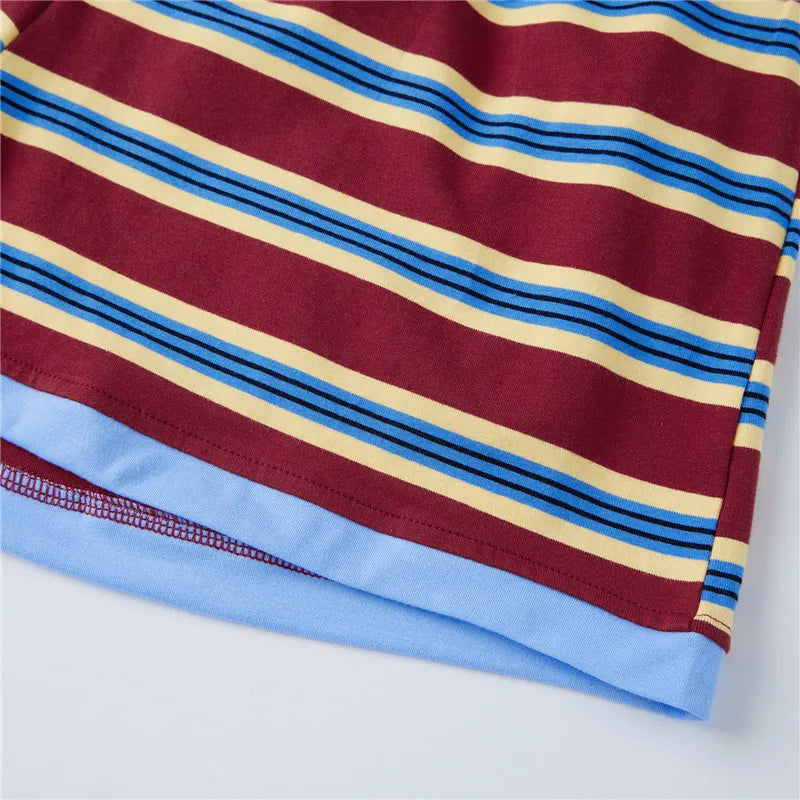 VacationGrabs Striped Two Piece Outfit Women Contrast Trim Oversized Short Sleeve Tee And Elastic Waist Shorts Casual Loungewear Set