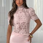 Floral Lace High Neck Sheer Blouse Women Short Puff Sleeve See Through Slim Fit Top For Evening Party Night Out Cocktail Events