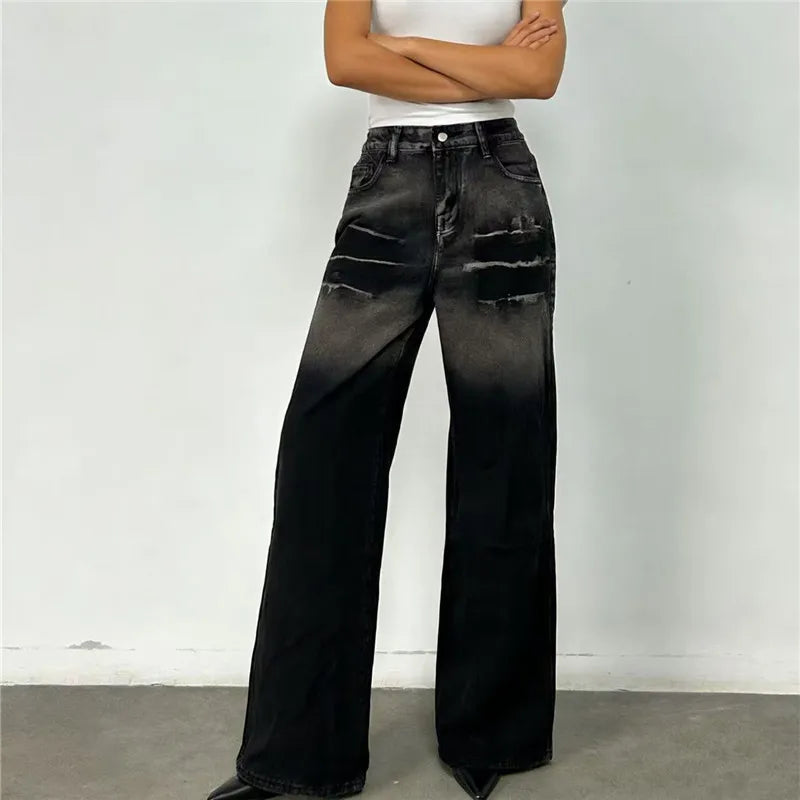 VacationGrabs Women Water Washed Denim Pants Low Rise Retro Gradient Loose Straight Leg Jeans with Pockets Vintage Streetwear
