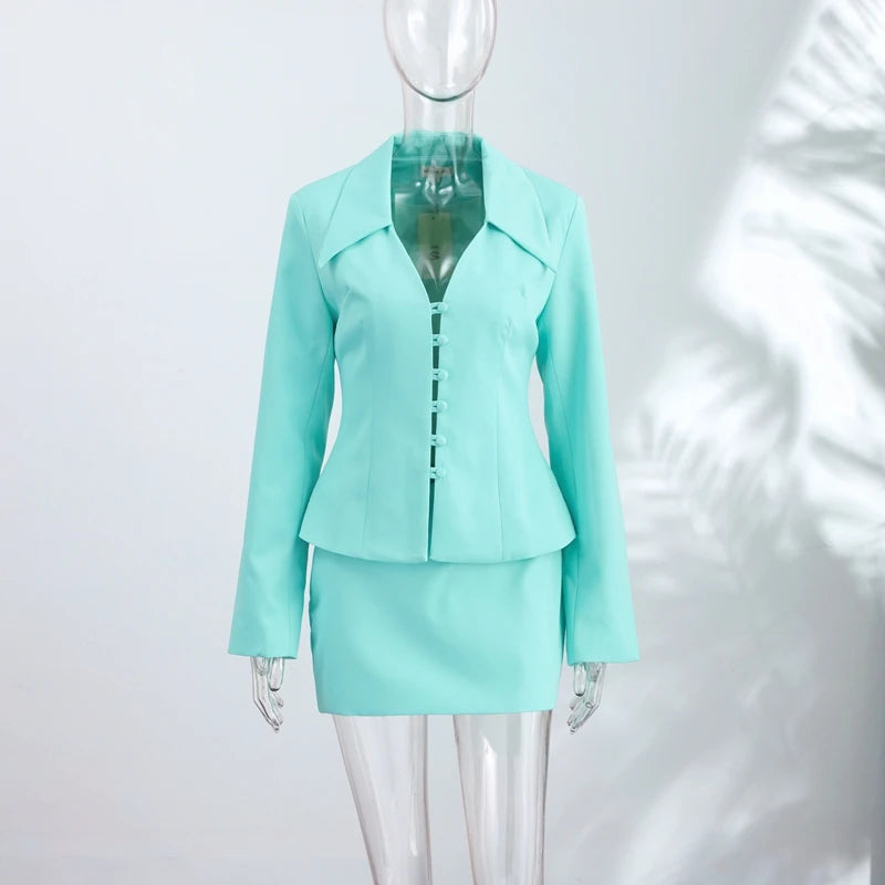 Tiffany Blue Blazer, Mini Skirt & Flare Trouser Separates