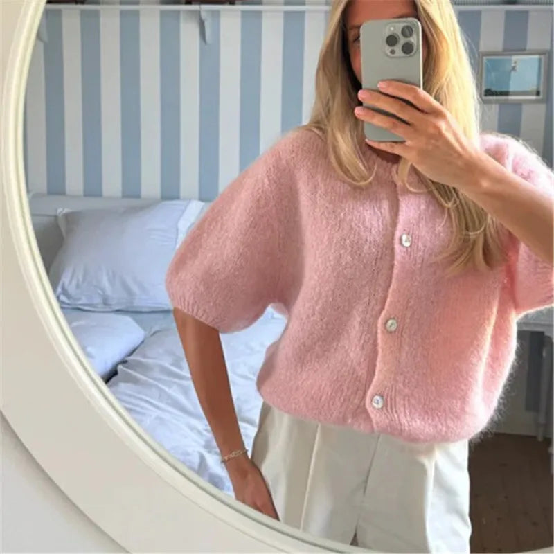 VacationGrabs Y2k Cardigan Sweaters for Women Short Sleeve Button Down Knit Cardigans Casual Sweater Pullover Autumn Winter Tops
