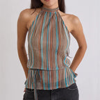 VacationGrabs Y2K Summer Backless Halter Neck Crop Tops Sleeveless Tie Up Open Back Shirts Vest Women's Chiffon Pleated Tank Top