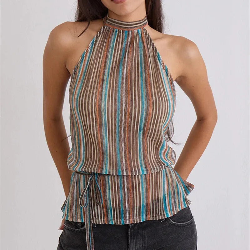 VacationGrabs Y2K Summer Backless Halter Neck Crop Tops Sleeveless Tie Up Open Back Shirts Vest Women's Chiffon Pleated Tank Top