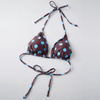 VacationGrabs 3Pcs Polka Dot Bikini Set Women Triangle Halter Tie Bikini Swimsuit + Long Sleeve Sheer Mesh Cover Up Dress Bathing Suit