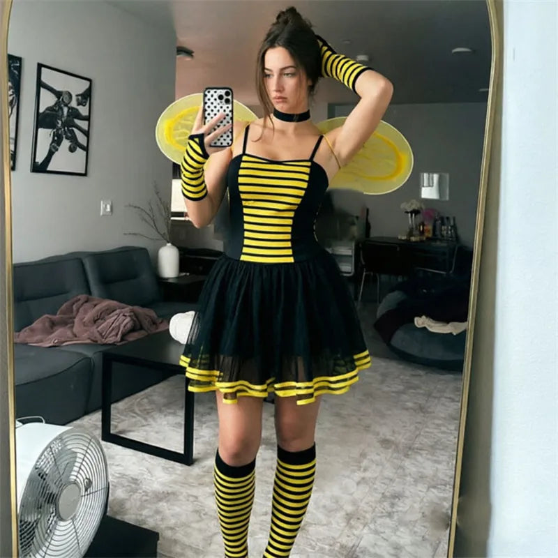 VacationGrabs Women Bumble Bee Halloween Costume Striped Tutu Dress With Bee Wings Antenna Headband Gloves Stockings Cosplay Outfit