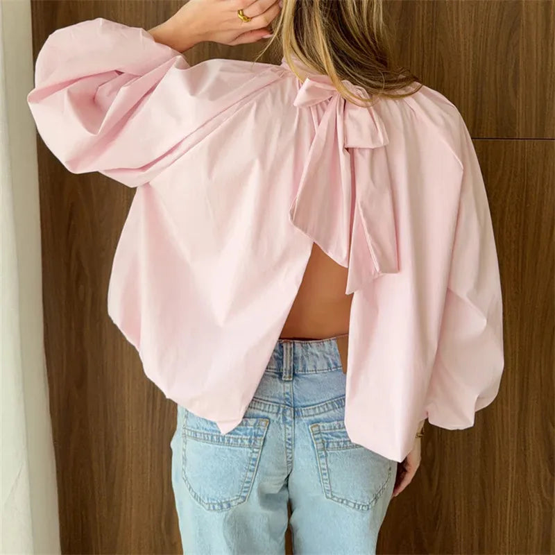 VacationGrabs Women Backless Bow Tie Blouse Stand Collar Puff Long Sleeve Pleated Loose Cropped Shirt Solid Casual Daily Going Out Top