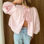 VacationGrabs Women Backless Bow Tie Blouse Stand Collar Puff Long Sleeve Pleated Loose Cropped Shirt Solid Casual Daily Going Out Top