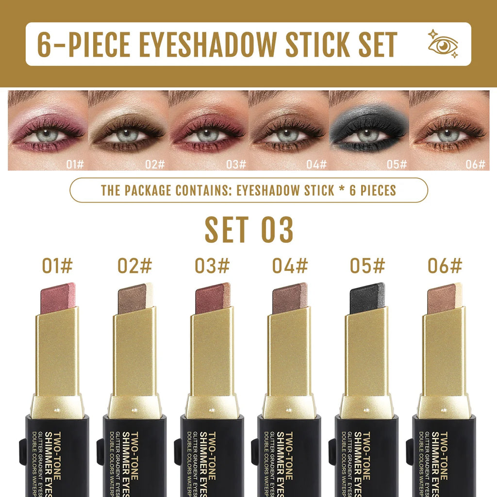 Two-Color Eye Shadow Stick Set, 6 Pcs, Waterproof Push-Up