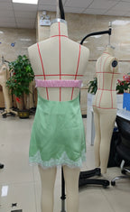Women Satin Strapless Mini Dress Open Back Lace Hem Bodycon Tube Dress Green With Pink Lingerie Style Party Nightclub Outfit