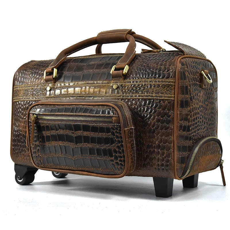 Rolling Genuine leather hand luggage travel bag with wheels