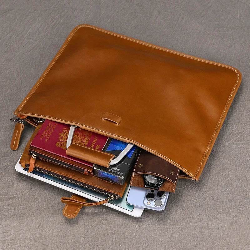 Vintage Style Men's Leather Briefcase Slim Working Tote Designer Bag - VacationGrabs