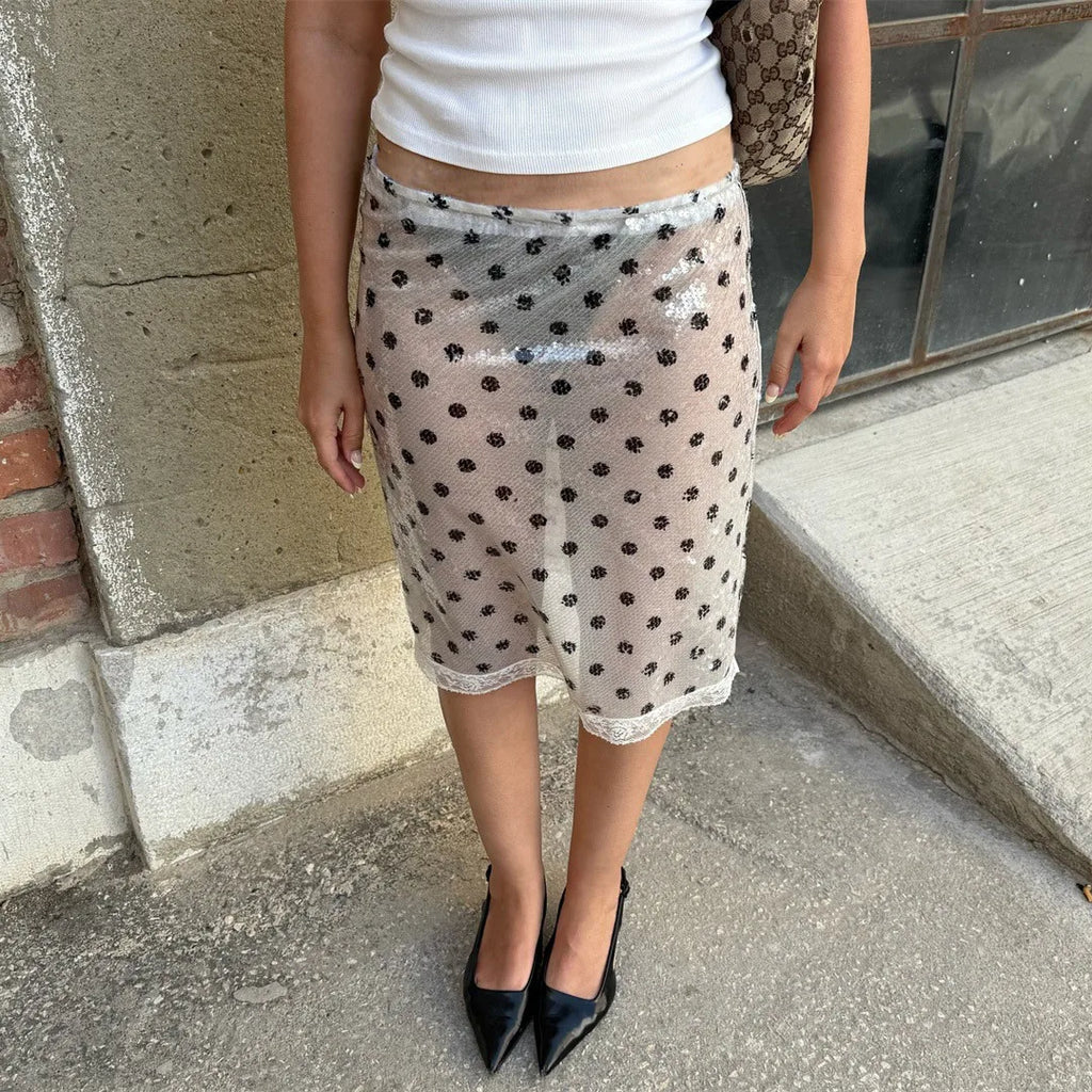 VacationGrabs Women's Fashion Midi Skirts Sequins Lace Trim Low Waist Skirts Summer Fashion Bodycon Skirts Dress Y2K Streetwear