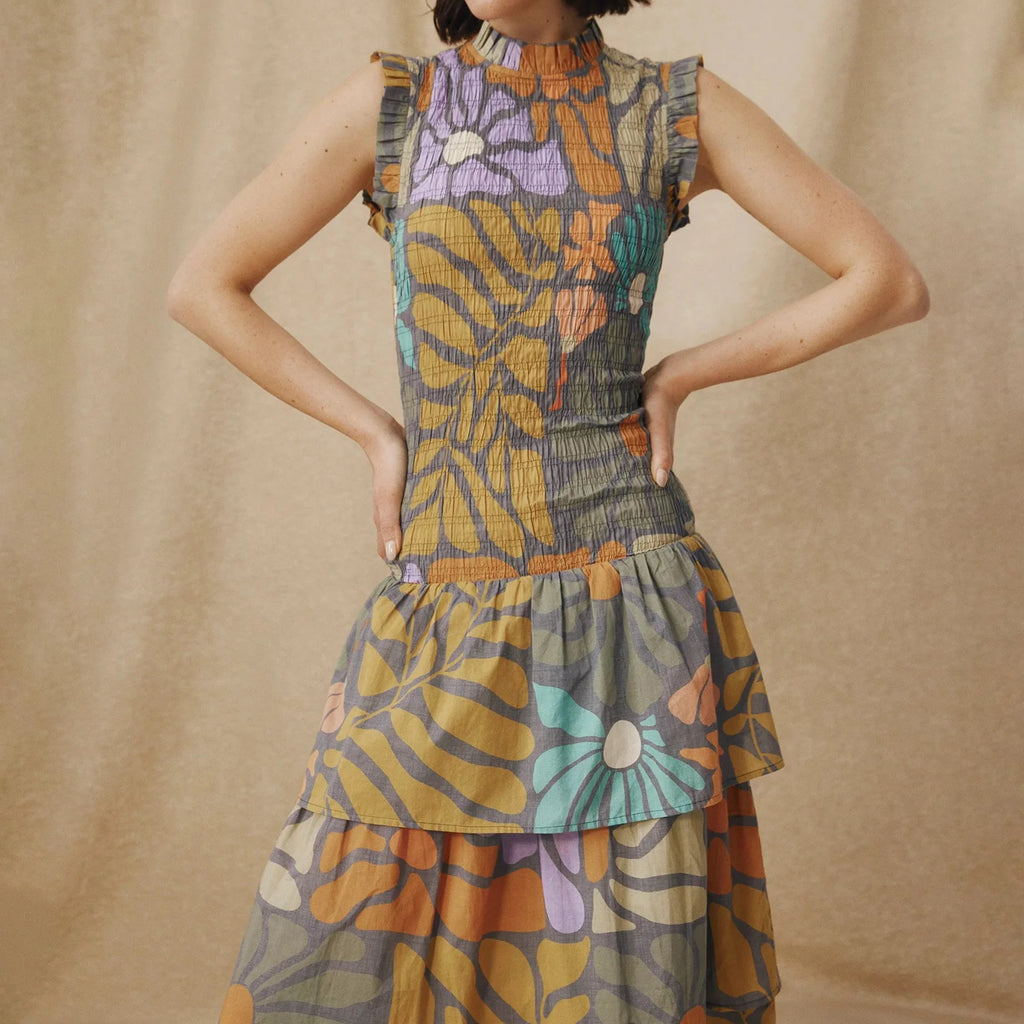 Women’s Boho Vintage Midi Tank Dress Summer Sleeveless High Neck Abstract Floral Print Tiered Dress Retro Smocked Dress