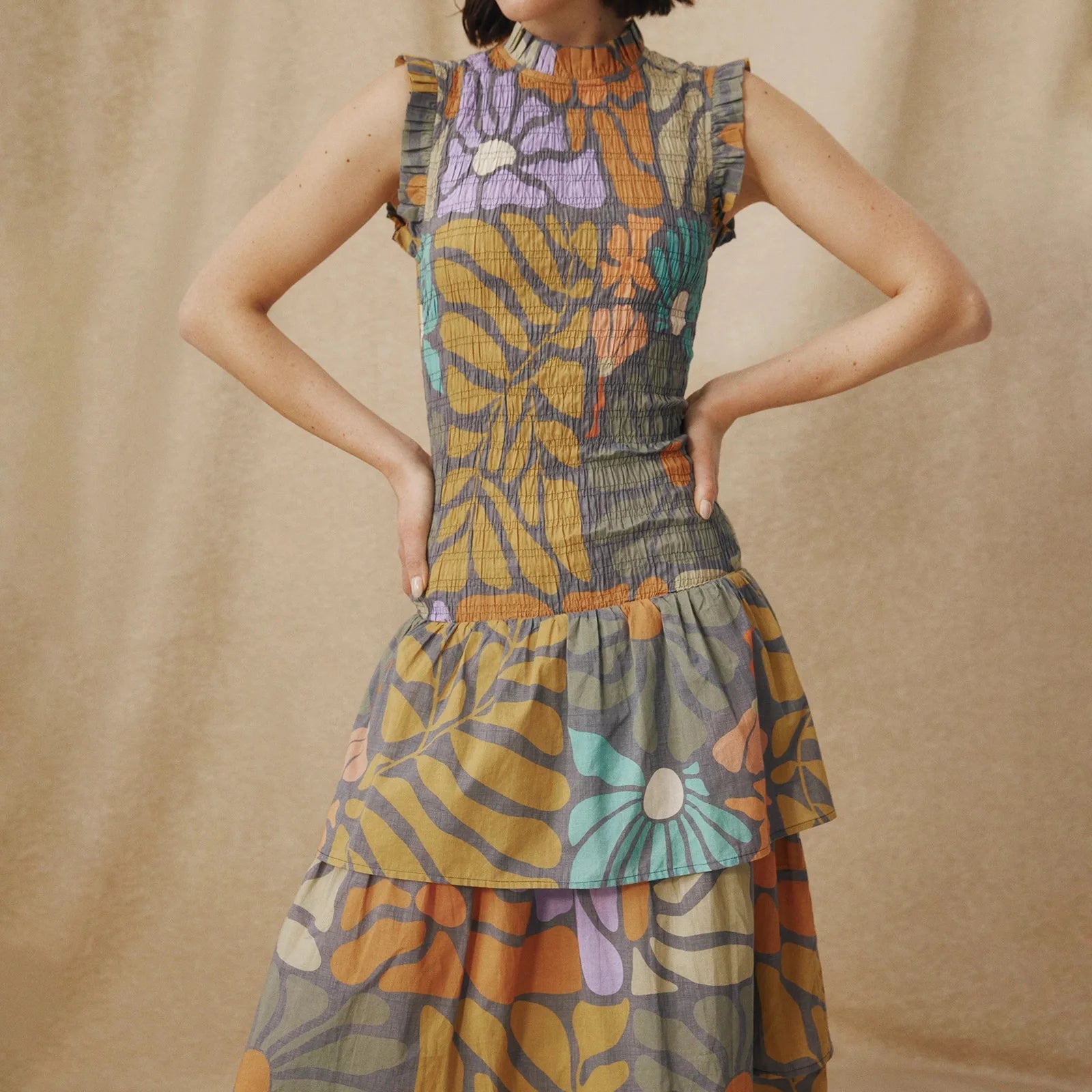 Women’s Boho Vintage Midi Tank Dress Summer Sleeveless High Neck Abstract Floral Print Tiered Dress Retro Smocked Dress