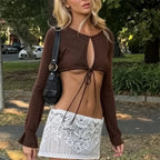 VacationGrabs Women Front Tie Keyhole Cutout Crop Top Long Flare Sleeve Slim Fit Knit Cropped Blouse Daily Streetwear Going Out Shirt