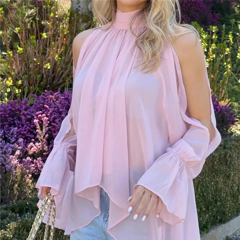 VacationGrabs Minimalist Solid Cold Shoulder Chiffon Blouse Mock Neck Back Tie Split Flare Sleeve Loose Irregular Hem Daily Shirt